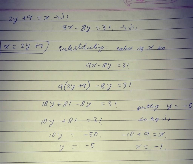 2y +9 =x 9x- 8y=31 System of substitution-example-1