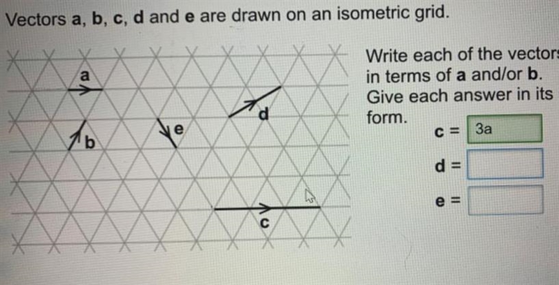 Vectors a,b,c,d and e are drawn on a isometric grid . write each of the vectors c-example-1