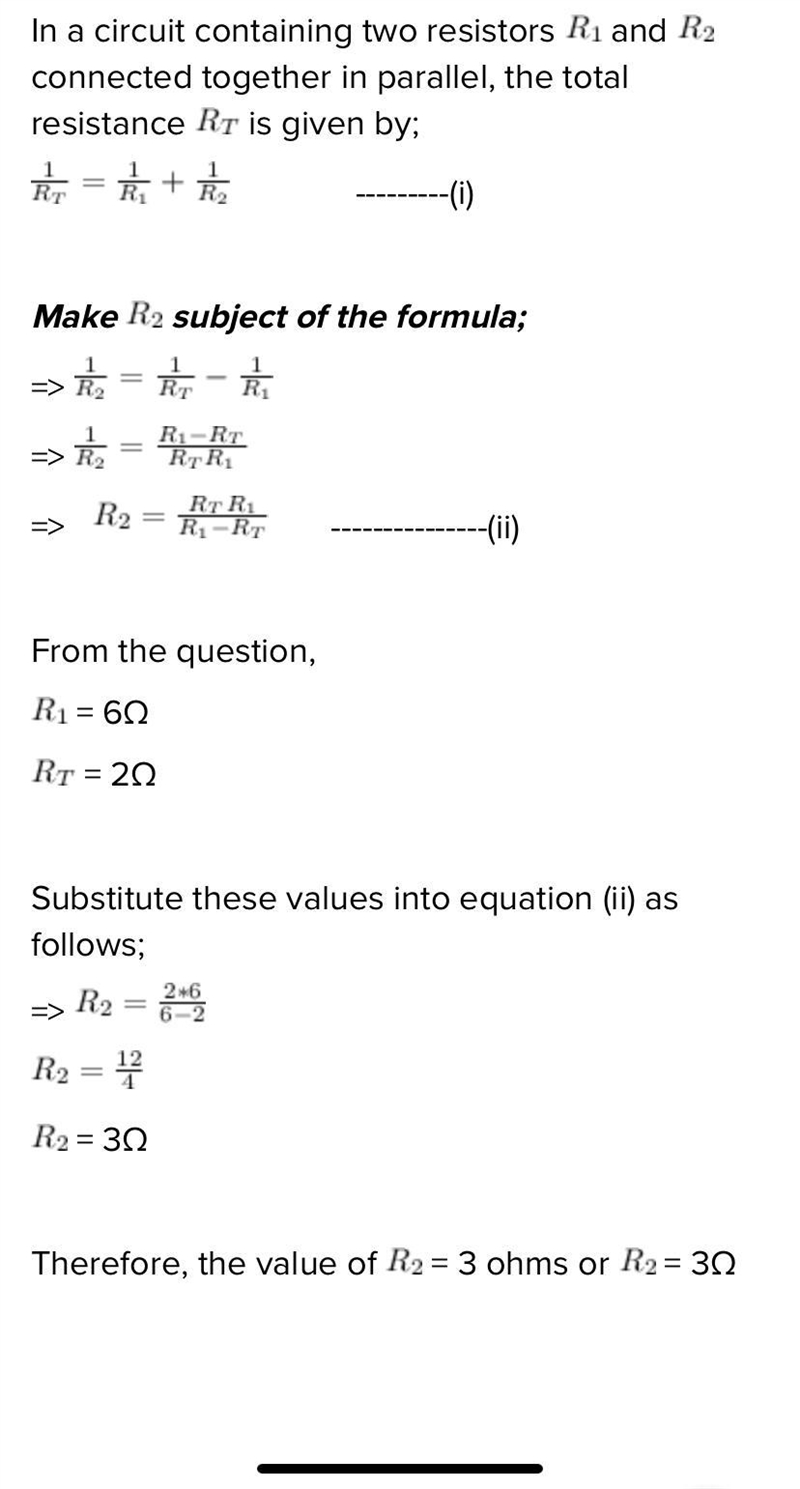 The total resistance in a circuit with two parallel resistors is 2 ohms and R1 is-example-1