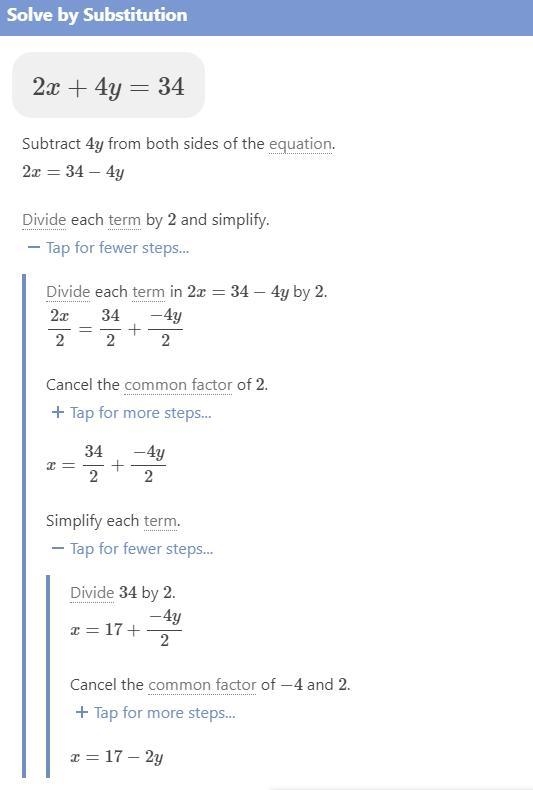 Solving systems of equations using the substitution method 2x+4y=34-example-1