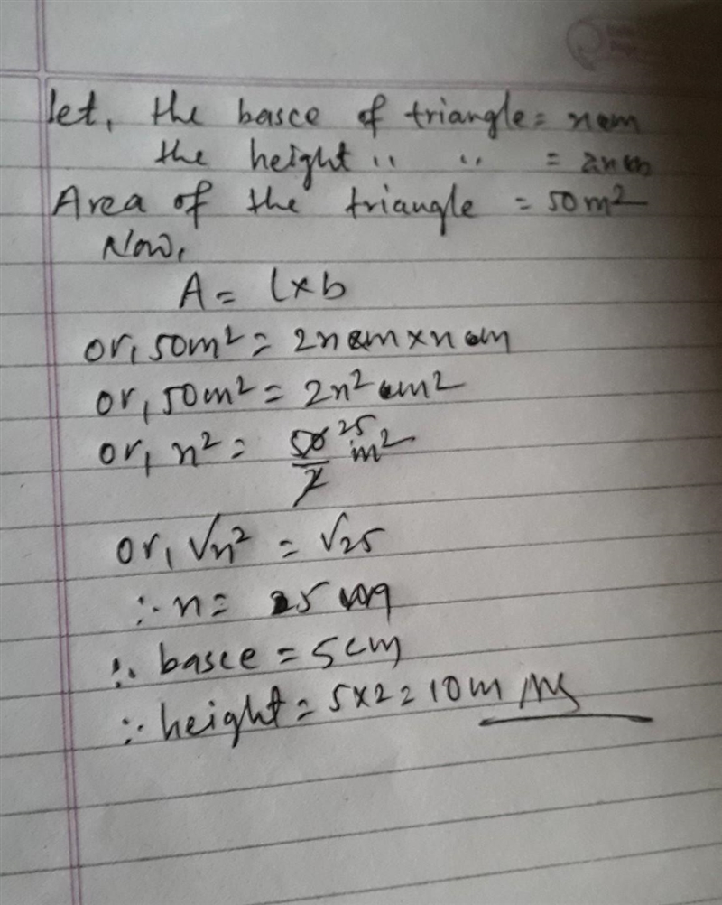 The height of a triangle is twice the length of its base. The area of the triangle-example-1