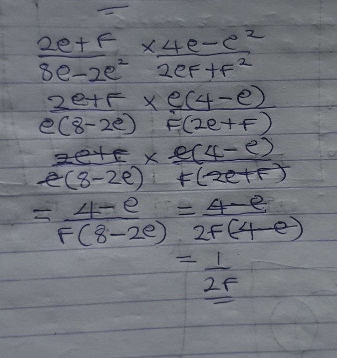 Simplify \frac{2e + f}{8e - 2e {}^(2) } * \frac{4e - e {}^(2) }{2ef + f {}^(2) } The-example-1