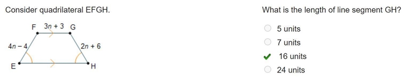 Consider quadrilateral EFGH. Quadrilateral E F G H is shown. Sides F G and E H are-example-1