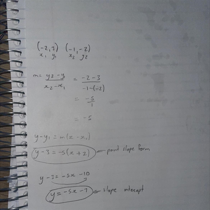 Write the equation of the line passing through the points (−2,3) and (−1,−2) in Slope-example-1