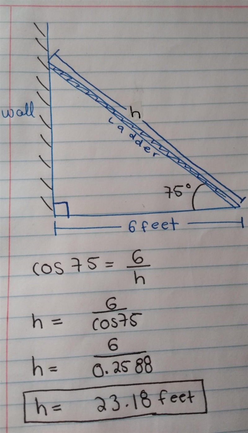 A ladder leaning against a wall makes an angle of 75° with the ground. If the foot-example-1