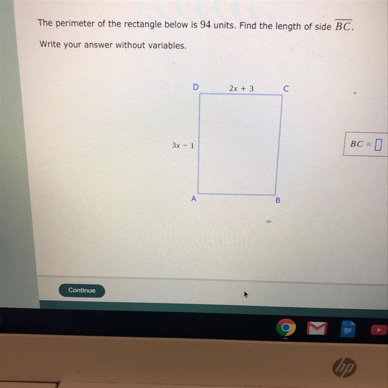 The Perimeter of the rectangle below is 94 units find the length of side peek you-example-1