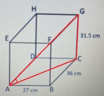 Here is a cuboid. H Н. G 31.5 cm E F с 36 cm А 27 cm B Calculate the size of angle-example-1