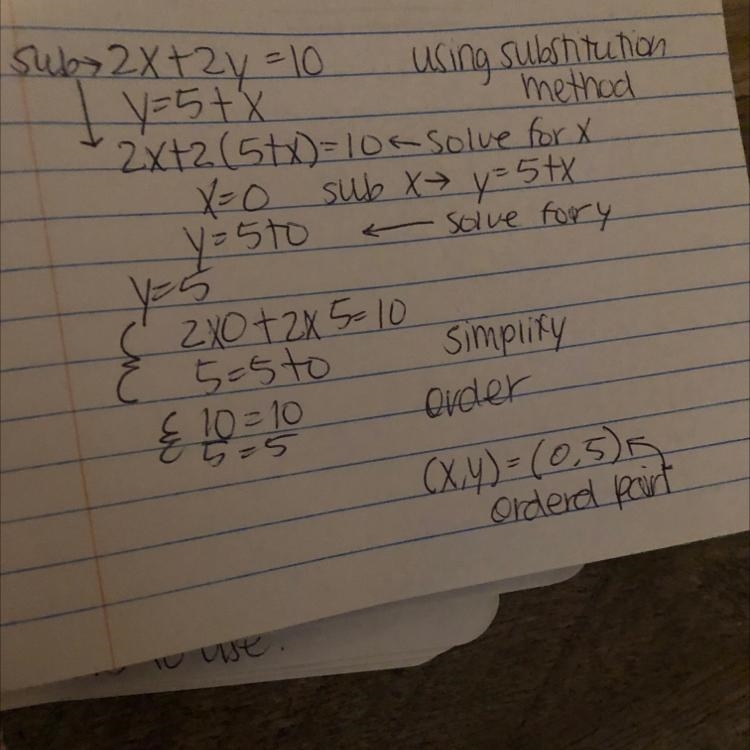 1. 2x + 2y = 10 y = 5 + x Solve the system of linear equations by substitution. Check-example-1