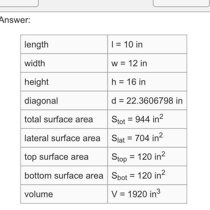 The dimensions of a rectangular prism are shown in the table. Length: 10 in Width-example-1