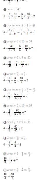 Solve for m. 4 - 3/5m = 6/5m + 2-example-2