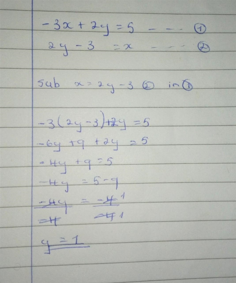 Use substitution to solve the following system of equations. -3x + 2y = 5 AND x = 2y-example-1