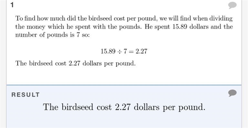 Evan spent $15.89 on 7 pounds of birdseed. how much did the bridseed cost per pound-example-1