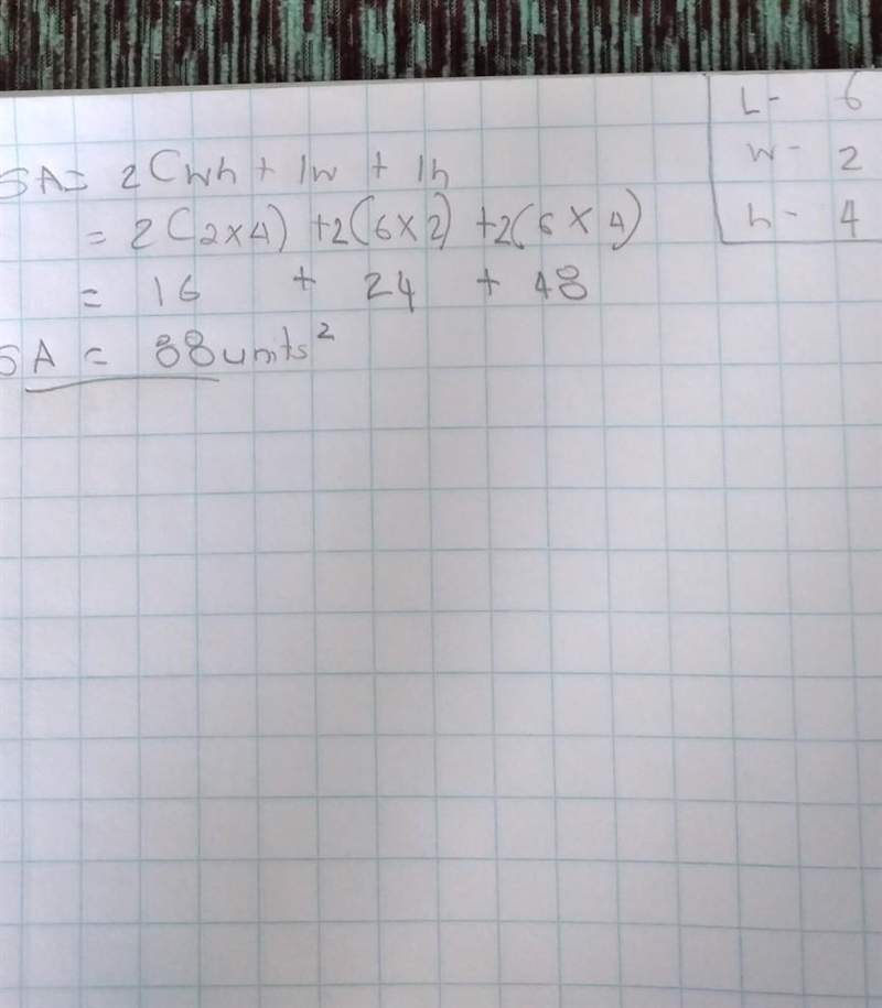 A rectangular prism is 4 units high, 2 units wide, and 6 units long. What is its surface-example-1