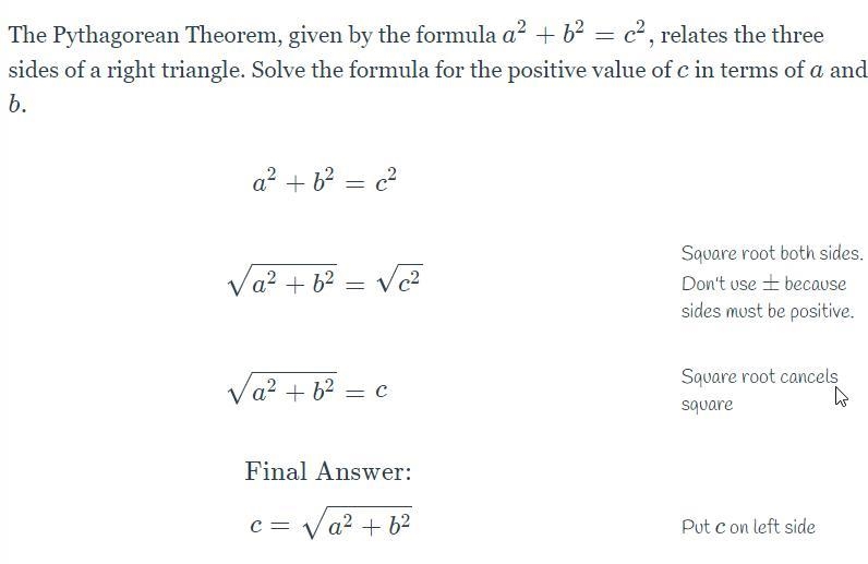 The Pythagorean Theorem, given by the formula a^2+b^2=c^2 , relates the three sides-example-1