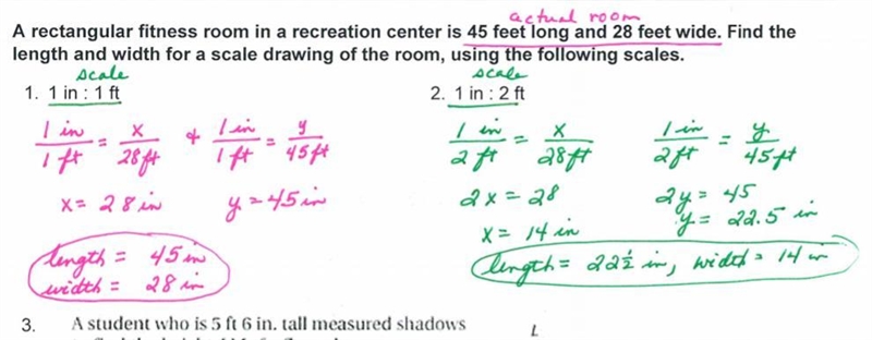 1 in : 3 ft the center is 45 feet long and 28 feet wide-example-1