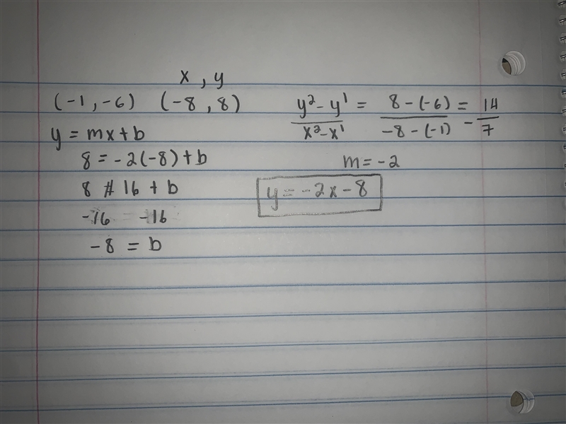 Graph the line that passes through the points (-1, -6) and (-8, 8) and determine the-example-1