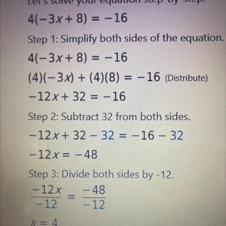 4(−3x+8)=−16 Which value is the solution to the equation below?-example-1