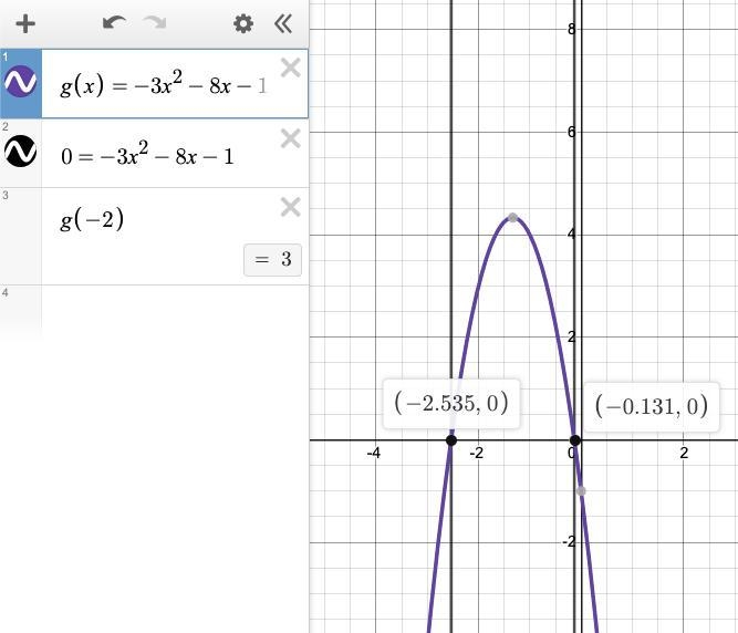 Evaluate the function g(x) = –3x^2 + 8x – 1 for the given values of x What is g (-2) ? show-example-1