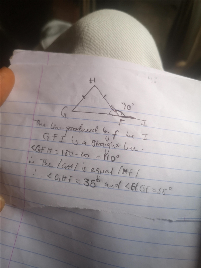 In triangle FGH, an exterior angle at F measures 70°, and triangle?-example-1