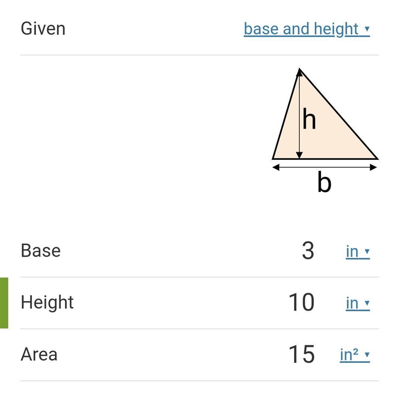 The area of a triangle is 15. The base is represented by 3. What is the height?-example-1