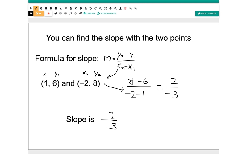 A line goes through the points (1, 6) and (–2, 8). Write the equation of the line-example-1