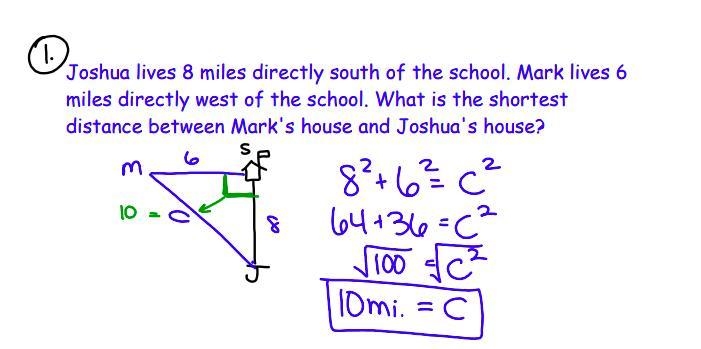 Joshua lives 8 miles directly south of the school. Mark lives 6 miles directly west-example-1