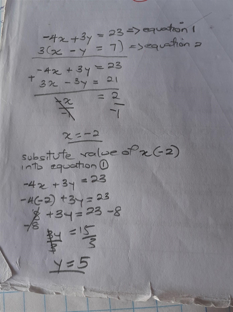 Identify a solution to this system of equations: -4x+3y=23 x-y=-7-example-1