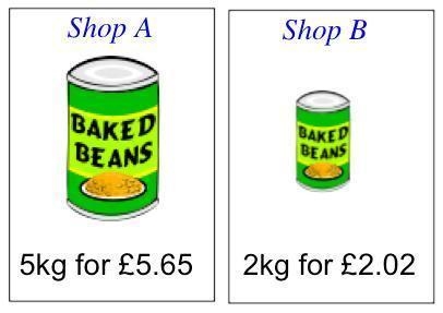 Two shops sell the same brand of baked beans but in different sizes of tin. Calculate-example-1