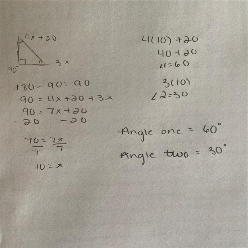 In a right triangle, the measure of one angle is twenty more than four times a number-example-1