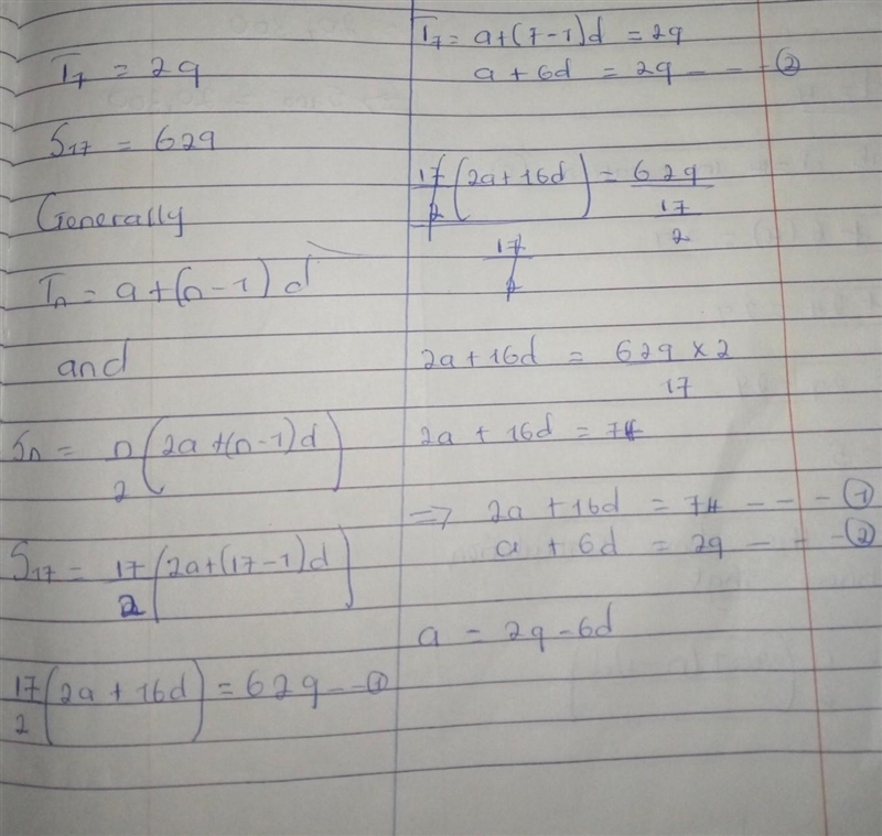 The seventh term of an arithmetic series is 29 and the sum of the first seventeen-example-1