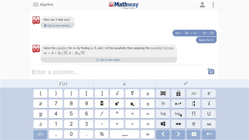 Solve for m step by step PLEASE HELP!!! 6m-38=m^2-10+25-example-1