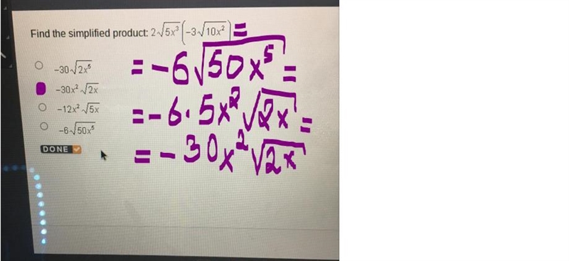 Find the simplified product: 2 square root of 5x^3(-3 square root of 10x^2)-example-1