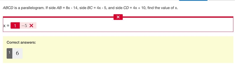 ABCD is a parallelogram. If side AB = 8x - 14, side BC = 4x - 5, and side CD = 4x-example-1