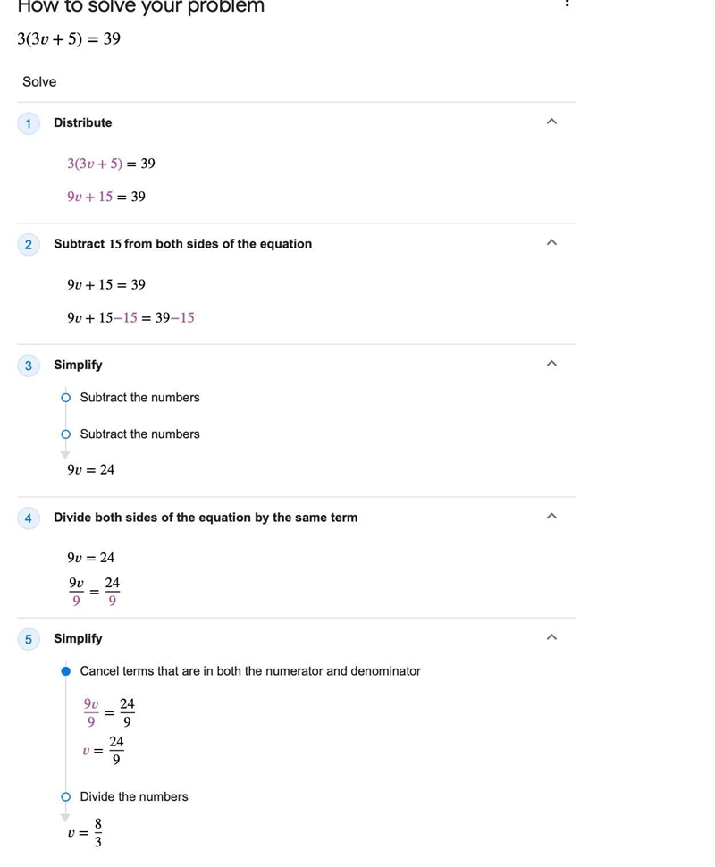 3( 3v +5 ) = 39 Solve this problem-example-1