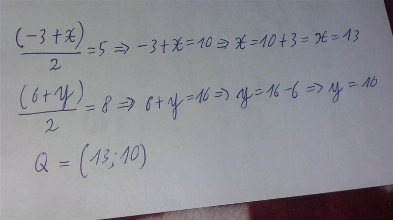 The end point P of a line segment PQ(-3,6) and its mid point is (5,8) Find the coordinates-example-1