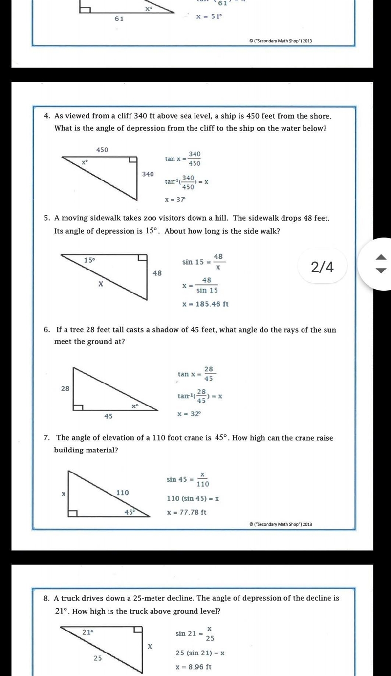 6. If a tree 28 feet tall casts a shadow of 45 feet, what angle do the rays of the-example-1