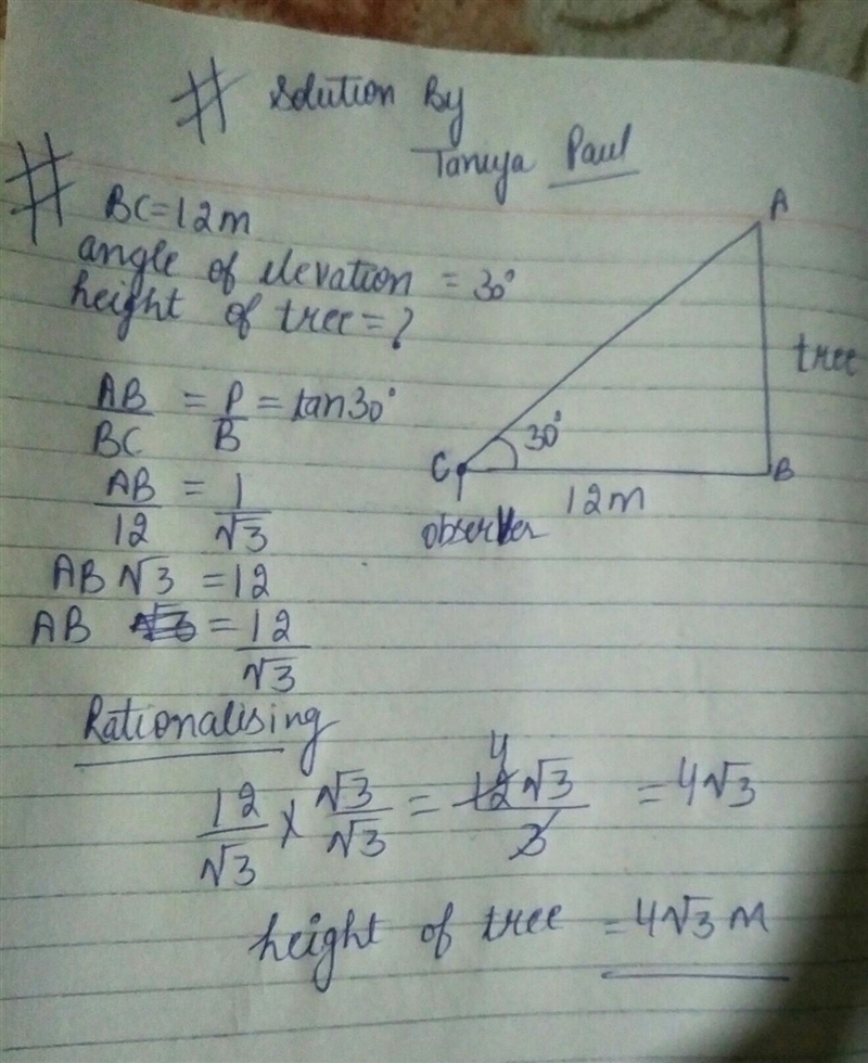 An observer 12 m away from the foot of tree observes that the angle of elevation is-example-1