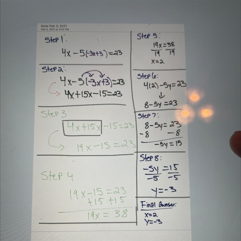 4x-5y=23 y=-3x+3 how do i do this-example-1