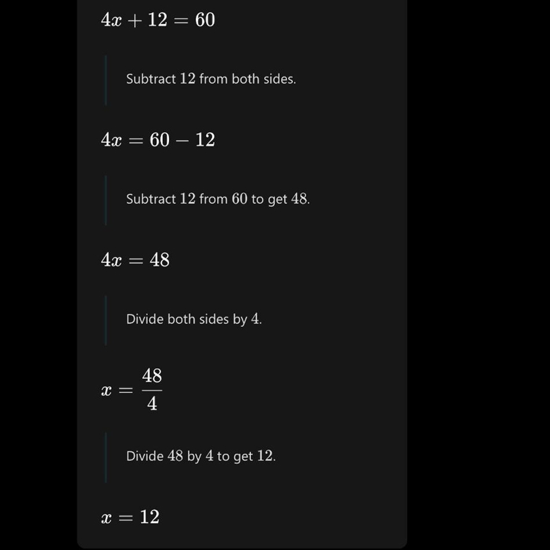 1. Solve for x. 4x + 12 = 60 2. Solve for x. 2x + 5 = 21 3. Solve for x. 4x - 7 = 5 4. Solve-example-1