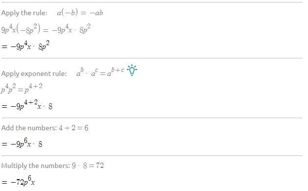 Simplify the expression {9p}^(4) \: x \: ( { - 8p }^(2) ) ​-example-1