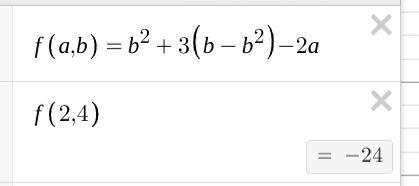 Simplify and then evaluate the equation when a = 2 and b = 4. b2 + 3(b-b2) – 2a = [?] Help-example-1