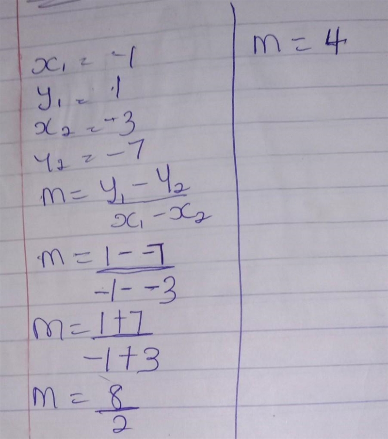 Find the slope of a line that goes through the two points (-1, 1) and (-3, -7).-example-1