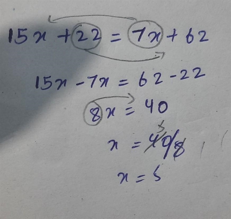 Solve the equation 15x + 22 = 7x +62-example-2