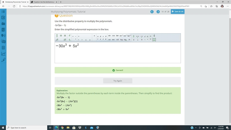 Question Use the distributive property to multiply the polynomials. -5x2(6x - 1)-example-1