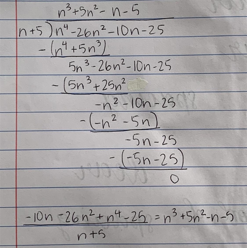 Using long division to solve this SHOWING WORK: (-10n-26n^2+n^4-25) / (n+5)-example-1