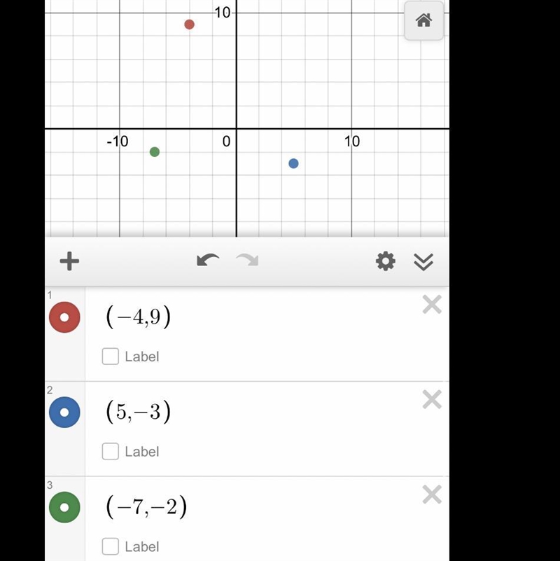 Plot the three ordered pairs listed below on the coordinate grid. (–4, –9) (5, –3) (–7, –2)-example-1