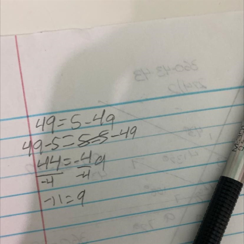 49 = 5 + –4q pleasehelpl!-example-1