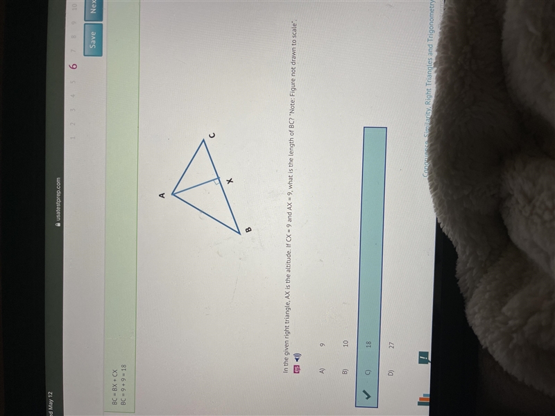 In the given right triangle, AX is the altitude. If CX-9 and AX - 9, what is the length-example-1