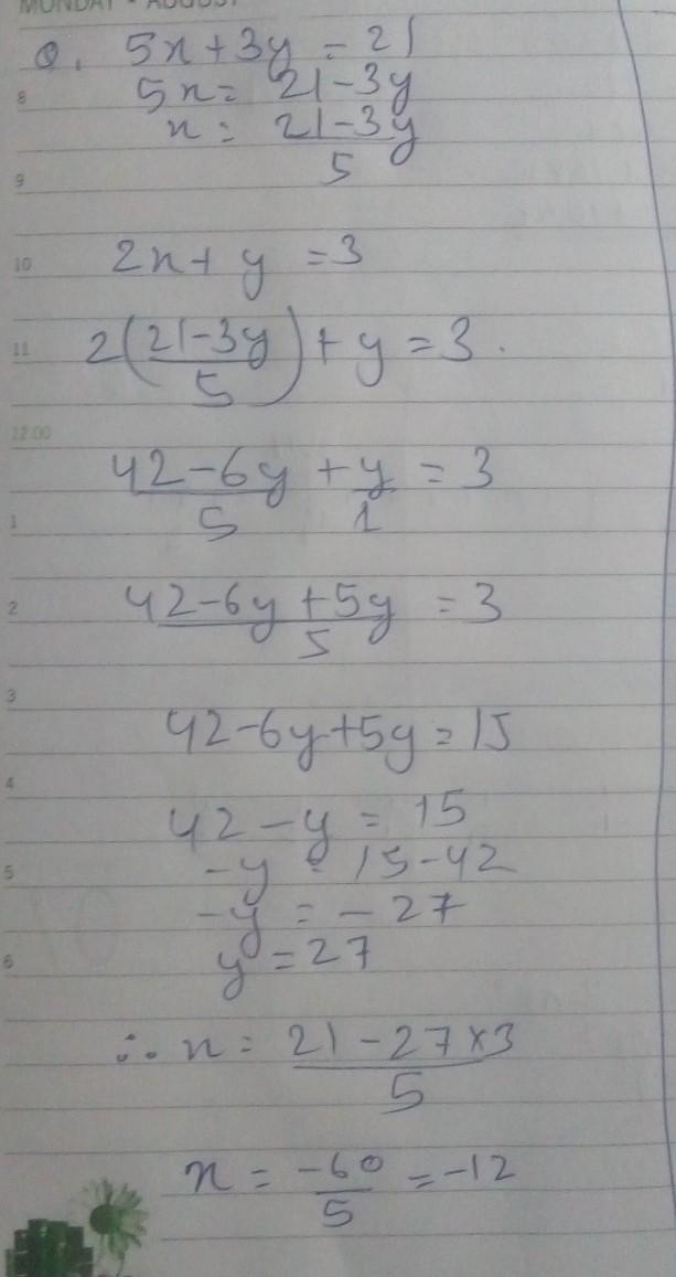 Solve the following simultaneous equations: 5x + 3y = 21 2x + y = 3 2x+3y=12 5x+4y-example-1