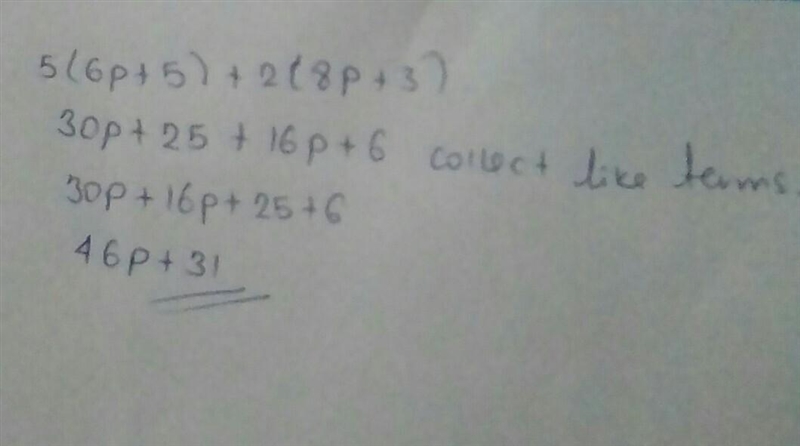 Which expression is equivalent to 5(6p + 5) + 2(8p + 3)?-example-1